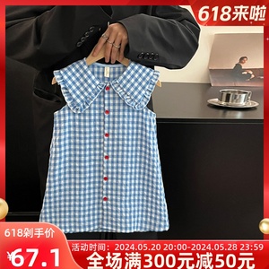 韩国女童连衣裙 2024春夏时髦儿童格子T恤裙 小女孩翻领花边裙子
