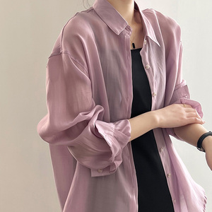 天丝透气轻薄防晒衣女款2024新款夏季紫色衬衫开衫外套女式防晒服