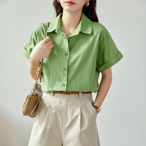 纯棉绿色短袖衬衫女2024新款女式衬衣设计感小众个子夏季穿搭上衣