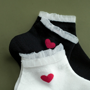 蕾丝边黑白爱心两杠棉袜薄款短筒日系圆点两杠可爱船袜学生女袜子