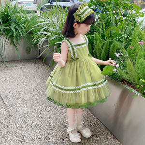 女童连衣裙春秋绿色裙子儿童公主裙女宝洛丽塔蓬蓬裙洋气吊带纱裙