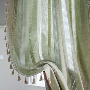 窗帘穿杆绿色素色条纹绣花窗帘半遮光镂空免打孔厨房客厅日式窗幔