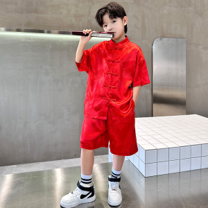 汉服男童中国风古装儿童夏季薄款红色唐装男孩2024新款短袖国学服