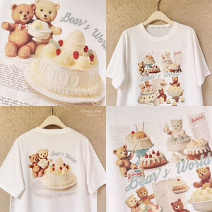 *宽松正肩 熊世界之蛋糕制作大赛 复古印花 白色 圆领 短袖T恤 U
