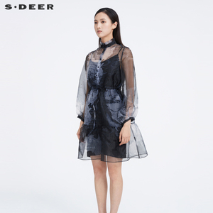 sdeer圣迪奥女装夏季气质印花欧根纱吊带两件套连衣裙S20281219
