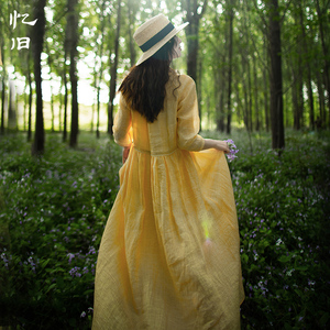 【梦回花田】夏季V领蕾丝大摆连衣裙女2023新款色织苎麻黄色长裙