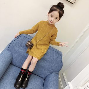 全新的女童中长款毛衣秋冬装新款韩版…颜色分类:姜黄色,参考身