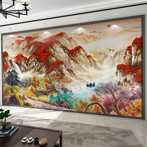 中式客厅墙布办公室酒店沙发背景墙壁纸鸿运当头招财山水无缝壁画