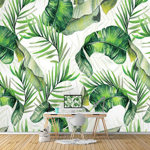 3D北欧绿色植物壁纸客厅沙发电视背景墙纸墙布卧室清新绿树叶壁画