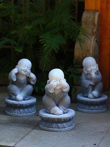 石雕不说小沙弥中式禅意三不止语小和尚摆件庭院水钵搭配装饰品