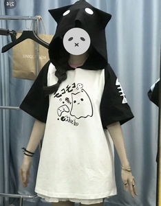 夏季日系萌宅系二次元幽灵猫耳朵连帽短袖t恤学生宽松卫衣上衣女