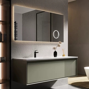 简约现代橡木洗漱台大师设计方形绿色浴室柜组合岩板台上下一体盆