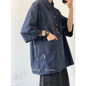 Jiwuus夏日系复古纯色短袖衬衫男女生学院风休闲工装衬衣半袖外套