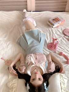 少女甜筒幼稚园 夏季粉色短袖内搭蓝色背带短裙多巴胺套装椰子