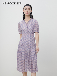 恒泽2023年夏季新款紫色连衣裙女高腰显瘦V领中长款裙子LB1BZ055