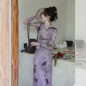 新中式旗袍紫色印花紧身连衣裙女国风气质设计感长袖收腰显瘦长裙