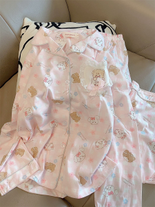 日系粉色爱心可爱小猫春秋季新款甜妹睡衣棉质卡通学生家居服套装