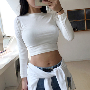 短款高腰露脐T恤女长袖紧身韩国白色外穿打底衫秋学生性感上衣棉