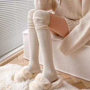 日本GP秋冬季条纹美腿塑形棉质卷边长筒袜女日系拼接过膝袜堆堆袜