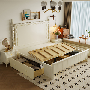 中古风白色实木床一米八美式1米8双人复古奶油风主卧婚床储物高箱