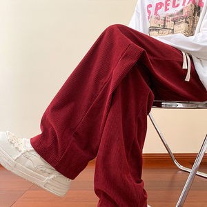 酒红色灯芯绒裤子男韩版潮流美式400g重磅卫裤垂感宽松直筒阔腿裤