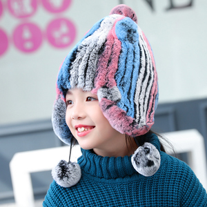 儿童冬季真皮草保暖獭兔毛帽子 男女童加厚护耳帽兔毛毛球帽