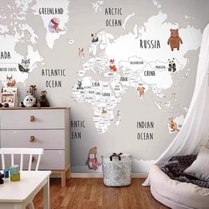 北欧卡通世界地图儿童房墙纸男孩卧室床头墙布宝宝房装饰环保壁布