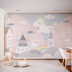 云朵粉色儿童房壁纸女孩卧室城堡墙布公主房独角兽幼儿园墙纸壁画
