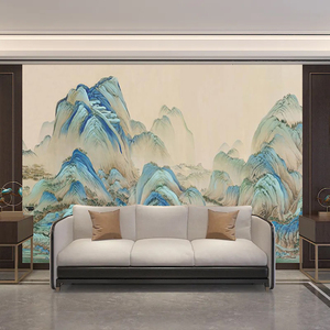 新中式大气千里江山客厅电视背景墙集成墙板酒店茶室餐厅山水扣板