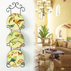 复古花鸟墙面装饰盘子挂盘装饰陶瓷盘子带铁艺架墙面挂件创意壁饰
