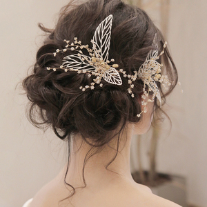 韩式珍珠发夹超仙金色叶子边夹森系网红头饰仙美婚纱礼服配饰可晴