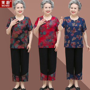 老太太夏装绵绸套装60岁妈妈短袖T恤中老年人女装奶奶装全棉衣服