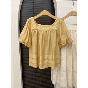 韩国东大门黄色方领泡泡袖衬衫女夏季宽松显瘦超仙娃娃衫短袖上衣