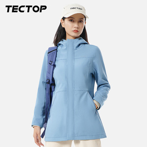 TECTOP探拓户外秋冬季中长款软壳衣女士收腰加绒保暖连帽旅行外套