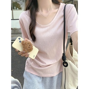 韩系粉色u领短袖T恤女夏季2024新款设计感小众薄款宽松打底衫上衣