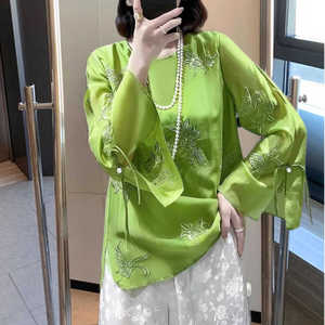 新中式国风真丝衬衫女士长袖春季重工刺绣桑蚕丝唐装改良旗袍上衣