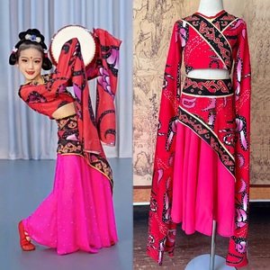 儿童汉唐楚优舞蹈服中国风古典舞民族服踏鼓声声红色水袖演出服装