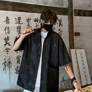 新中式轻国风衬衫男夏季冰丝短袖薄款凉感唐装大码刺绣kimono道袍