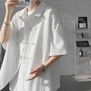 新中式国风盘扣白色衬衫男士高级感夏季半袖唐装汉服道袍衬衣外套