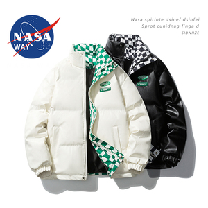 NASA2023冬季拼接立领PU皮棉衣外套潮牌士保暖棉服男生棉袄面包服