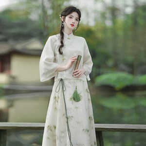新中式改良女套装2024新款中国风上衣连衣裙竹叶两件套禅茶服