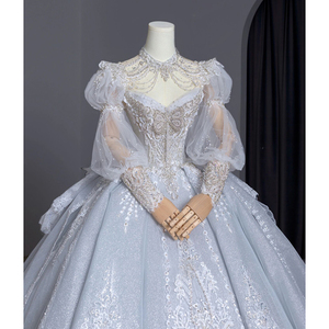 长袖蓝色婚纱礼服2024新款新娘重工奢华高级质感法式主纱大码拖尾