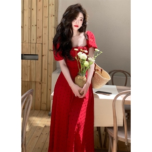 优雅气质泡泡袖连衣裙法式复古红色小礼服长裙高级感仙女显瘦裙子