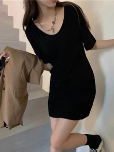 纯棉U领黑色短袖T恤裙女夏季韩版法式遮胯显瘦小个子包臀连衣裙