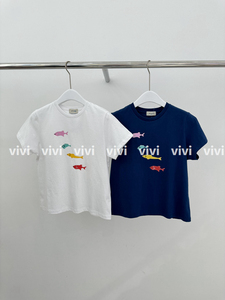 VIVI韩国代购6PENCN正品女装2024春新款彩色小鱼图案短袖百搭T恤