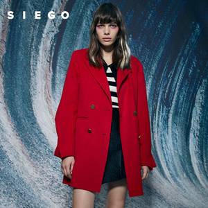Siego/西蔻冬季新款设计感简约西装翻领中长款红色毛呢大衣女