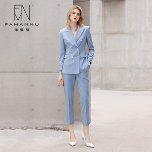 法曼努蓝色西装外套女双排扣高端职业装气质通勤西服套装面试正装
