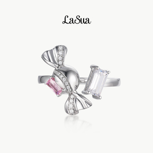 LaSua水蜜桃糖果可调节开口戒指925纯银立体粉色原创方糖甜美小众