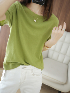 绿色冰丝针织短袖T恤女士夏季薄款凉感宽松正肩圆领半袖体恤上衣