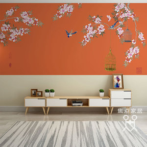 新中式花鸟墙纸客厅沙发电视背景墙壁纸壁画卧室床头淡雅刺绣墙布